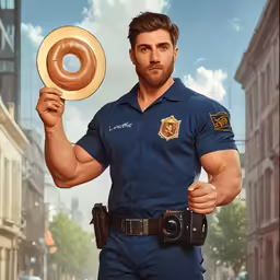 a security man holding a donut while standing next to the street