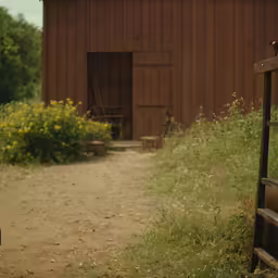 an old barn with yellow flowers near by
