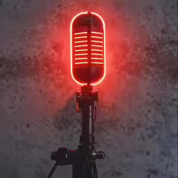a microphone light with the neon light of a red light in the corner