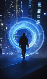 a man walking in a dark city in front of a bright light ring
