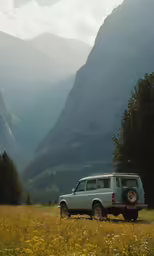 a van sits parked in front of some mountains