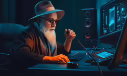 a man in glasses and a hat at a computer