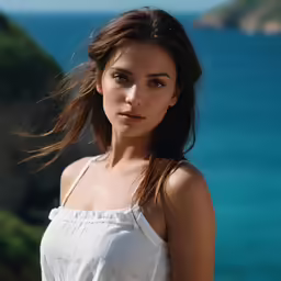 a beautiful woman posing by the water in white