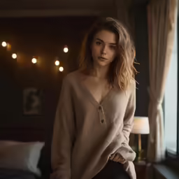 a woman sitting on a bed with her hands on her hips