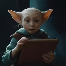 the young child is holding a brown object