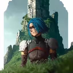 a man with blue hair sitting next to an old castle