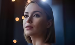 a woman is posing for a photo, with the lights behind her
