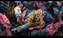 a stuffed doll with very colorful clothing laying on leaves