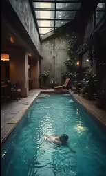 a man is swimming in a large indoor swimming pool