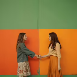 two girls shaking hands against a colorful wall