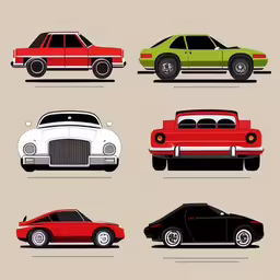 four classic cars are shown on a brown background,various colored cars on a tan background,four different color cars sitting on top of each other,six cars from the fifties that look like the future,four different color cars are depicted on a beige background