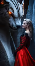 a young woman in a red gown with an elegant tiger on her chest