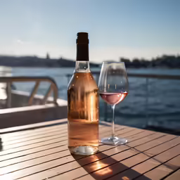 wine glass and bottle on outdoor table next to water