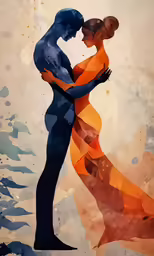 the image shows two people hugging each other with an abstract painting effect behind them
