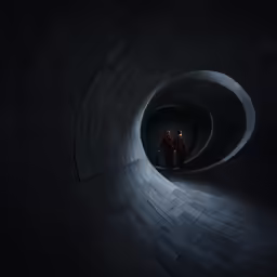two people walking through a dark tunnel in the darkness