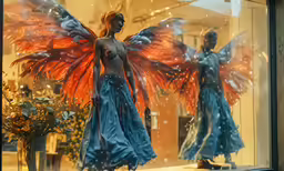 mannequins in windows with wings in them