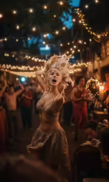 woman wearing a bikini performing on the street at night
