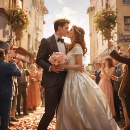 a newly married couple kissing while on a street with people throwing confetti in the air