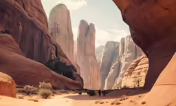 two people walking through a canyon next to large rocks