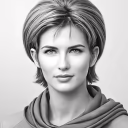 the woman is dressed in a gray shirt