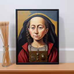 a painting of a woman holding an antique camera
