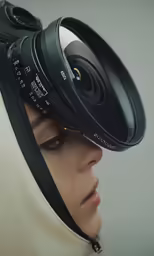 woman wearing hood covering her head with a camera