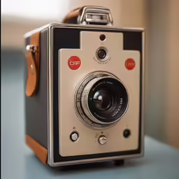 old photo camera with brown leather case on a table