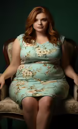 a woman sitting in a chair with a green background