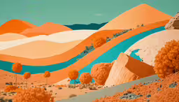 an art work depicts a painting of an orange desert landscape,there is an image of mountains and trees in the landscape