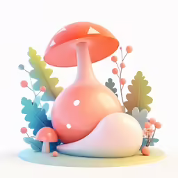 mushrooms and flowers surrounding a mushroom like object