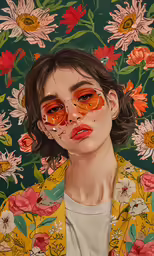 a woman with a pinkish face is seen through orange sunglasses