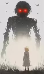 a person is standing in the middle of a field with two red eyes