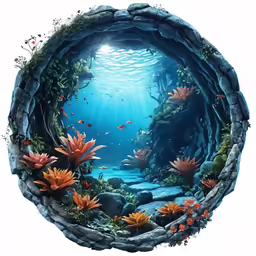 an underwater scene made of stones and water