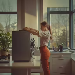a girl is stretching in the kitchen with a stove