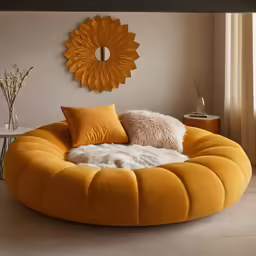 a circular couch with orange pillows and some pillows on it