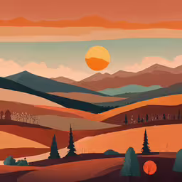 an image of landscape painting in acrylic style,the sun shining down on a mountain range