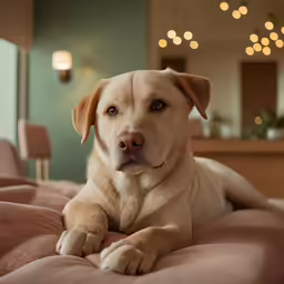 there is a dog sitting on the bed looking forward