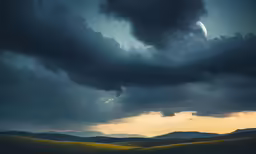 there are dark clouds in the sky above some yellow flowers