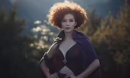 a woman with an afro has a jacket around her shoulders