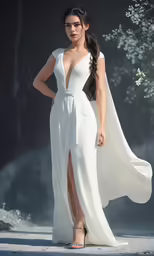 a woman in a white gown poses for the camera