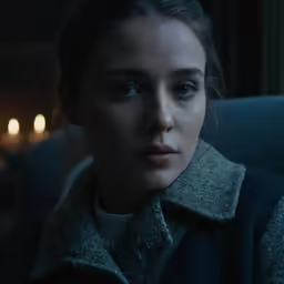 the woman is sitting down looking to the side