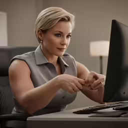 a woman using a computer on a desk