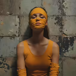 a woman standing in front of a metal wall with orange covering her face