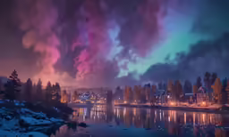 a view of an aurora in the night sky over trees