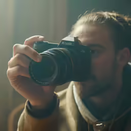 the man is holding his camera up in front of him