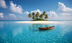 small boat sitting in clear, blue waters by a deserted beach