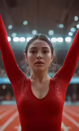 the young woman in a red leo leotard is holding her hands up