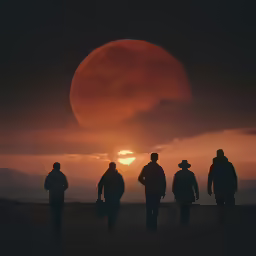 four people walk away from the sun under cloudy skies