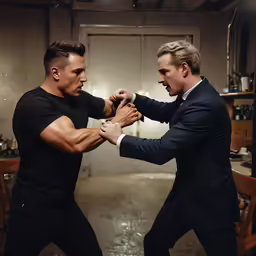 two people fighting each other in an office