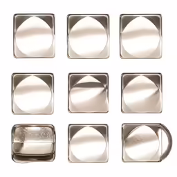 a collection of eight square cake pans
